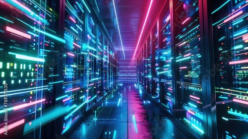 Data Center Corridor Full of Rack Servers ,Projection Visualization