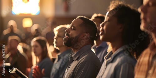 A group of worshippers singing hymns together during a church service. 