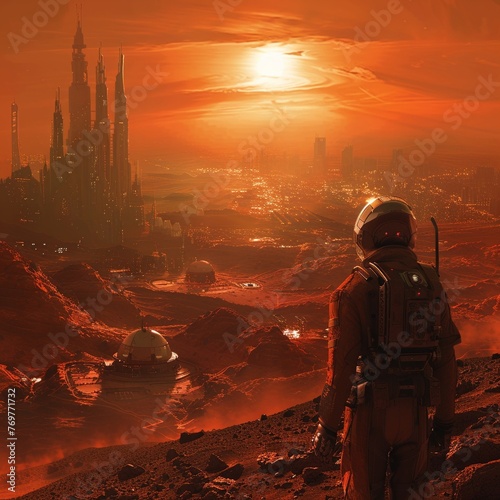 Mars Colony, Red Dust, Dystopian society, A chaotic uprising within the colony, Futuristic landscape, Digital art, Backlighting, Chromatic Aberration, Frontal view , in style of graphic design