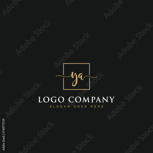 Initials signature letters YA linked inside minimalist luxurious square line box vector logo gold color designs for brand, identity, invitations, hotel, boutique, jewelry, photography or company signs