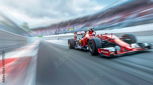 Formula 1 race car speeding down the track with motion blur. Isolated on white background.