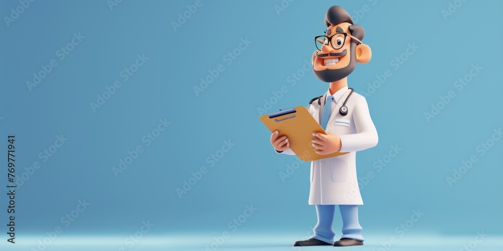 3d render. Cartoon doctor character holds clipboard. Clip art isolated on blue background. Professional consultation. Medical concept, Generative AI  - obrazy, fototapety, plakaty 