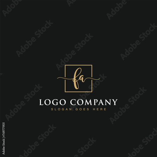 Initials signature letters FA linked inside minimalist luxurious square line box vector logo gold color designs for brand, identity, invitations, hotel, boutique, jewelry, photography or company signs