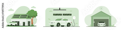Electric car vector illustration set. a car recharges energy in the house with solar panels. a private cars recharging energy in the garage using a wall charger. Green energy flat illustration