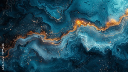 Abstract blue and gold fluid art pattern