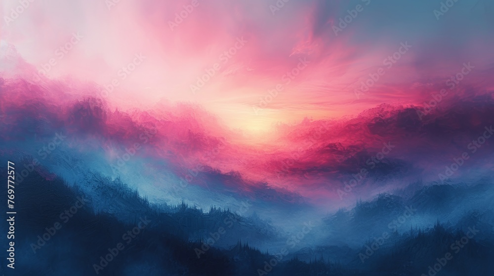 Obraz premium Sunset over misty mountains digital painting
