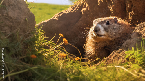 marmot peeking out from its burrow,generative Ai © Muhammad