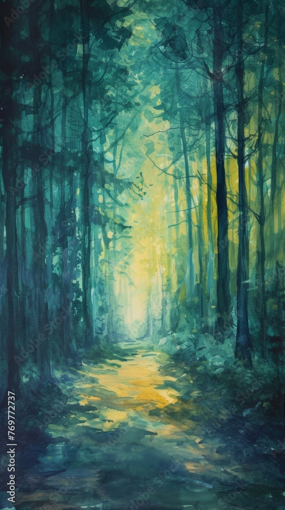 Obraz premium Mystical forest path illuminated with golden light