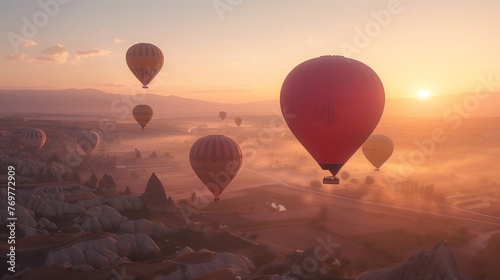 Hot Air Balloons Glowing at Sunrise Over Fields. Serene scene of hot air balloons glowing with the sunrise, as they navigate over soft misty fields and rock formations.