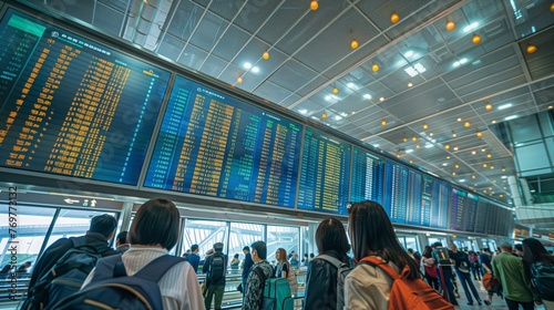 Busy Airport Flight Information Display System. Passengers at an airport check a flight information display system, detailing flight schedules and statuses.
