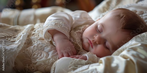A baby peacefully sleeping in the arms of a godparent after the christening. 