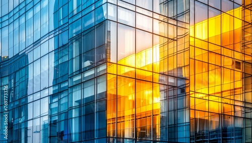 A closeup of the exterior glass curtain walls on modern office buildings  reflecting sunlight and creating reflections in their windows Generative AI