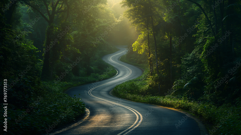 A winding road in a green forest. A winding road in a green forest.