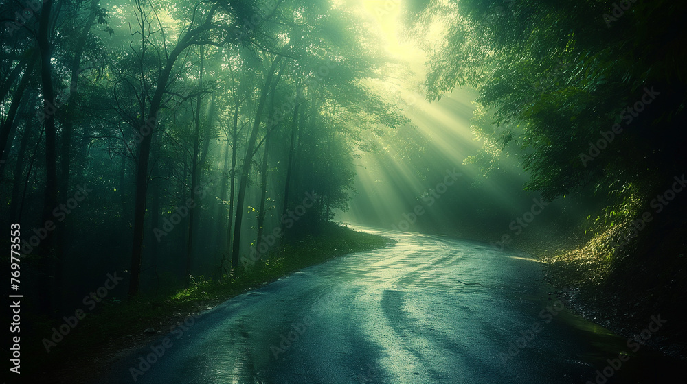 Obraz premium A winding road in a green forest.