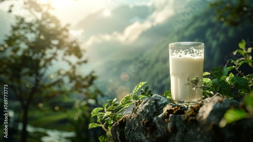 World Milk Day and food and drink and a glass of milk on nature background.