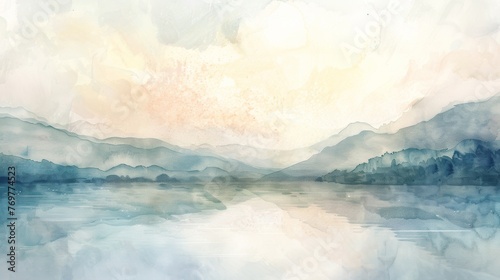 Watercolor landscape with misty mountains and lake