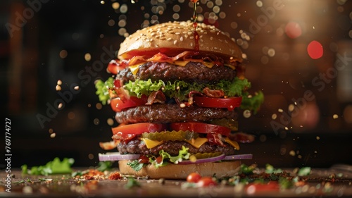 A juicy burger with all the fixings being assembled in mid-air