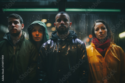 Several strangers of different appearances are waiting for public transport at a city stop during bad weather rain and downpour thunderstorms