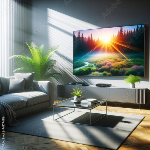 灰色のソファのある現代的な暗い部屋に、空白のテレビ画面が表示されます。テレビはリビング ルームにあり、画像は空の表示テンプレートを示すモックアップです。 photo