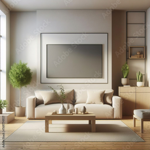 灰色のソファのある現代的な暗い部屋に、空白のテレビ画面が表示されます。テレビはリビング ルームにあり、画像は空の表示テンプレートを示すモックアップです。 photo