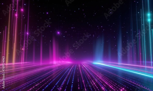 3d animation, abstract background with stream of neon lines leaving glowing tracks. Stars falling down. Colorful spectrum laser rays sliding and going, Generative AI 