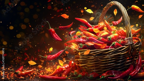 A basket of vibrant chili peppers being tipped over, with peppers scattering photo