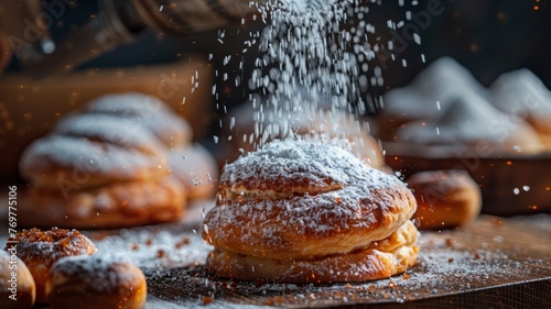 A burst of powdered sugar being sifted over fresh pastries