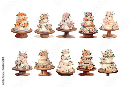 Set of wedding cake with floral arrangements flowers collection