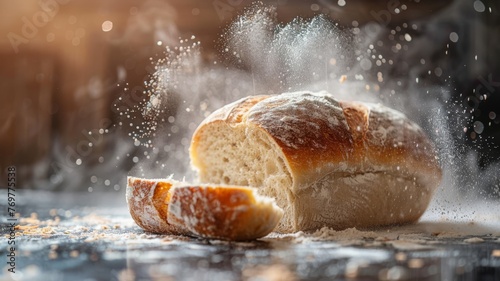 A fresh loaf of sourdough bread being torn apart, with steam escaping