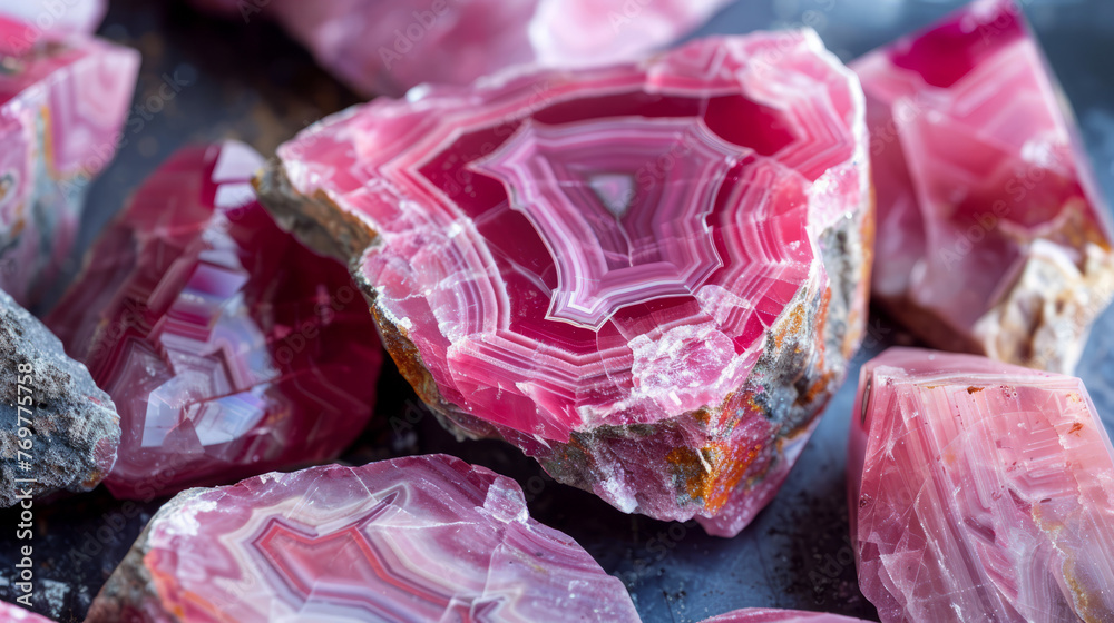 Obraz premium Macro photography of a collection of polished pink agate stones with stunning details and patterns