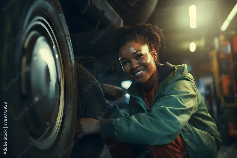 Female black african american car mechanic in a blue overall with the wheel change Female black african american car mechanic in a blue overall with the wheel change