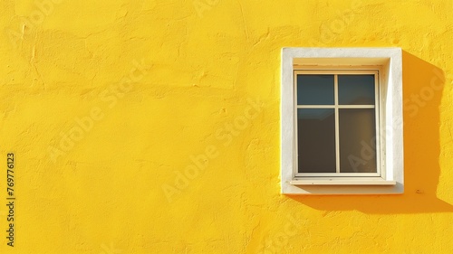 A single white window on a textured bright yellow wall basking in sunlight, showcasing simplicity and vibrant color.