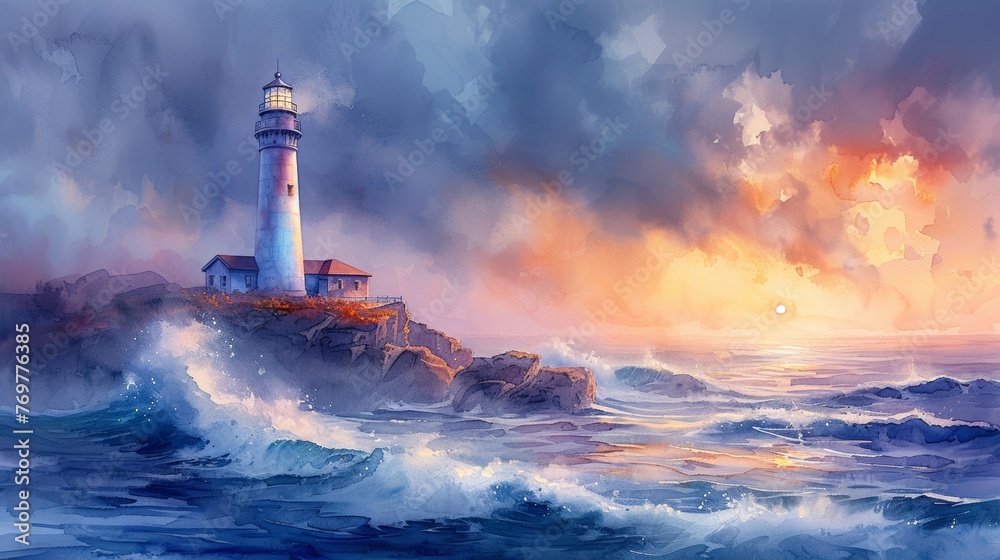 Lighthouse on a rocky coast at sunset