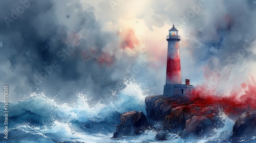 Watercolor painting of lighthouse by the sea during storm