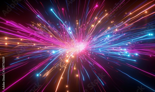 3d render, abstract neon background with chaotic glowing lines, bright laser rays, colorful festive firework burst, Generative AI 