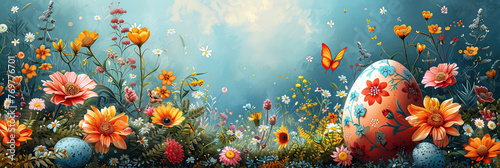 Easter colorful eggs on the grass, among beautiful bright flowers and butterflies on a sunny spring background. Banner, illustration, Easter background, card, cover in greenish tones #769776701