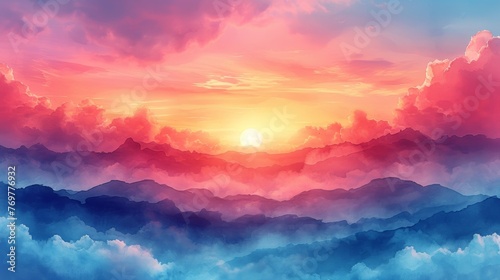 Sunrise over misty mountains with vibrant pink clouds