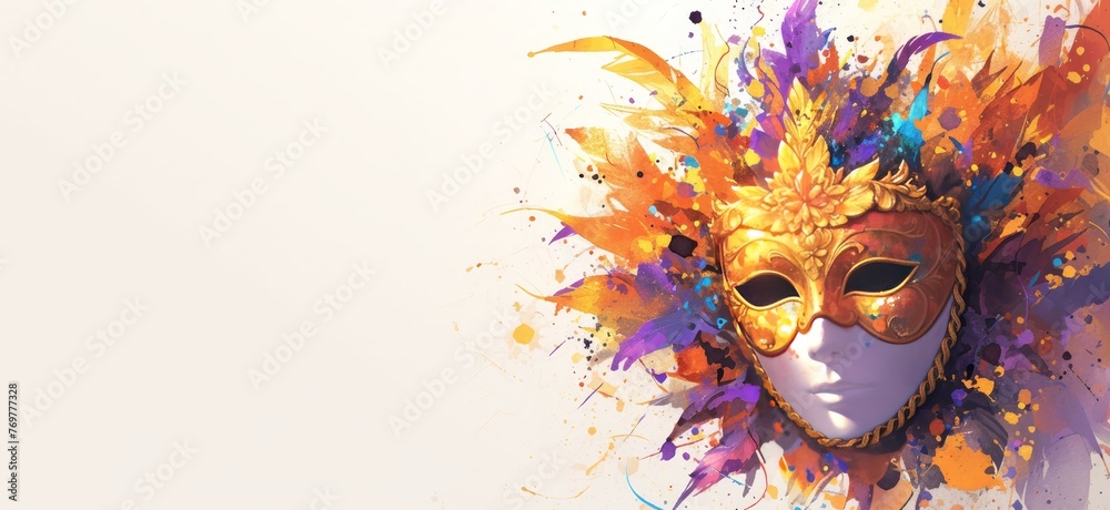 Colorful carnival mask with paint splashes on a white background banner, copy space for text