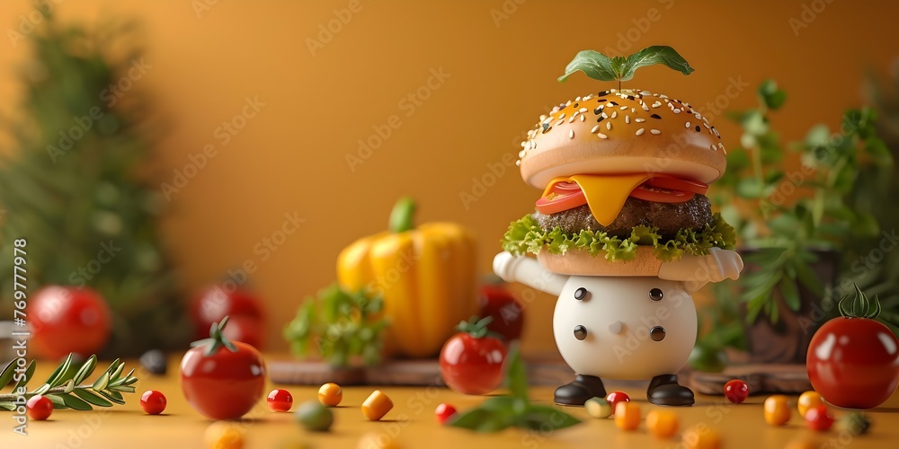 Calorie Counter Character Stewarding Sustenance Managing Meals with Vibrant Vegetable Burger Composition