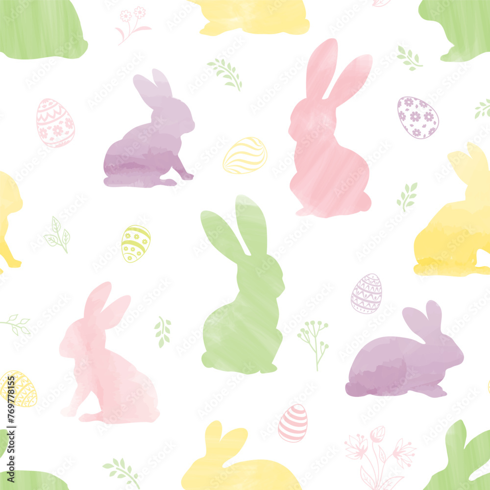 Vector seamless gentle pattern with flowers, bunnies, and easter eggs on white background.  Easter holiday decor for website, package, greeting card design