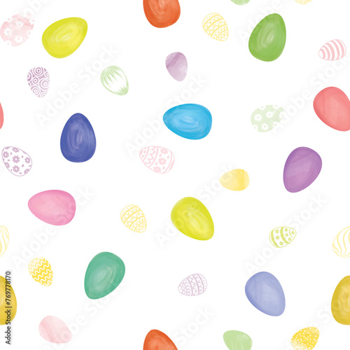 Easter seamless gentle vector pattern with bunnies and easter eggs over white background. Easter holiday decor for website, package, greeting card design