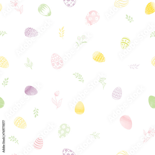 Easter spring seamless gentle vector pattern with flowers, bunnies, and easter eggs over white background. Easter holiday decor for website, package, greeting card design
