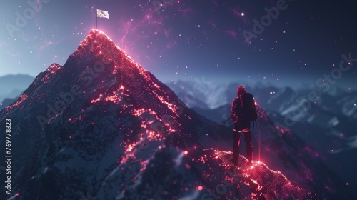 Digital mountain with a flag and a professional climbing businessman on the top.