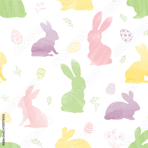 Vector seamless gentle pattern with flowers, bunnies, and easter eggs on white background. Easter holiday decor for website, package, greeting card design
