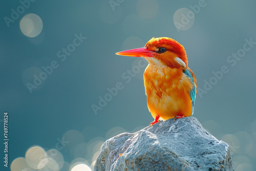 a rufous-backed kingfisher, or Ceyx rufidorsa, perched on a stone. photo