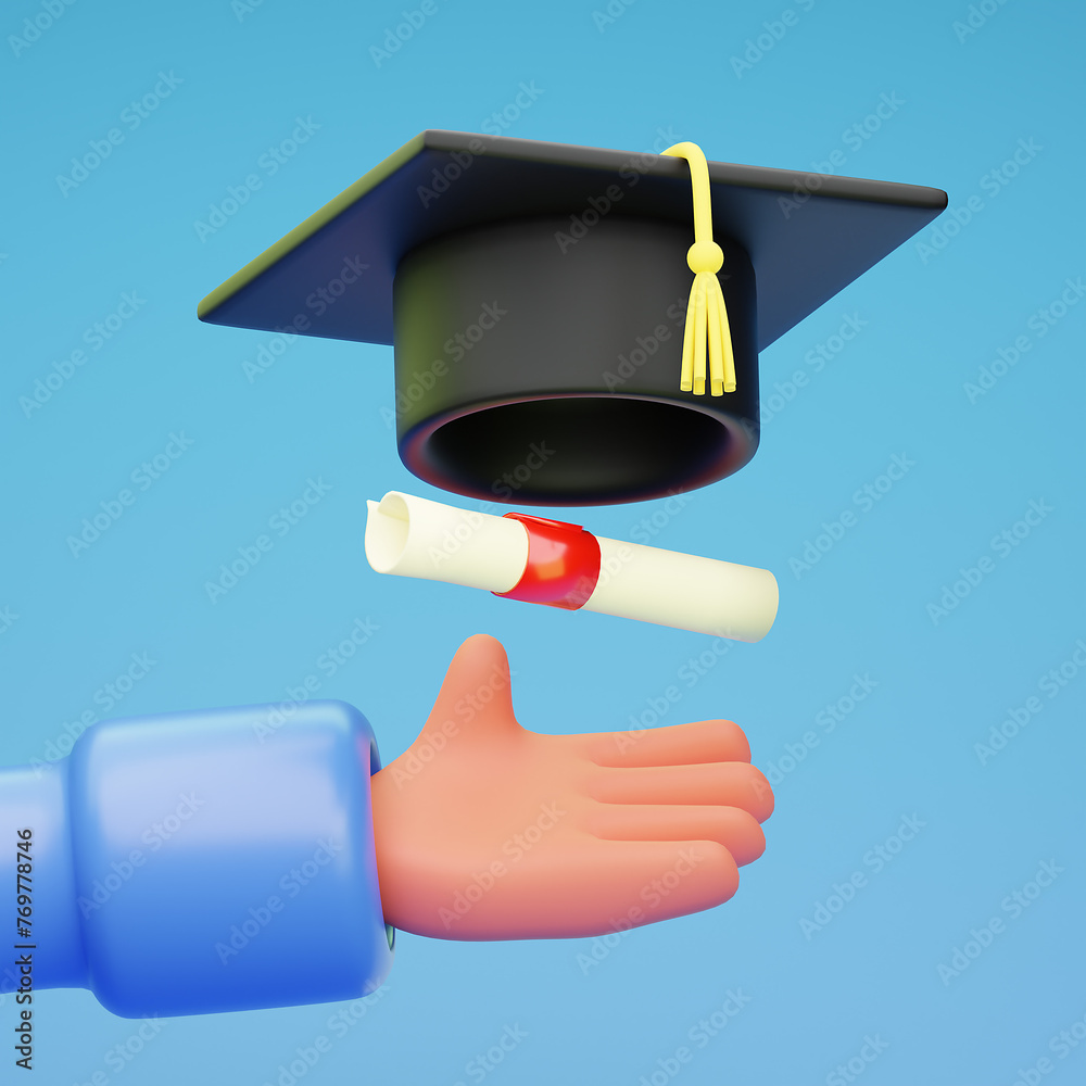 3d illustration of word graduation with graduate caps on blue ...