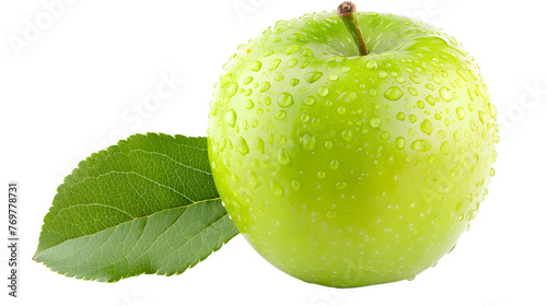 ripe tasty green apple with leaf isolated on white 