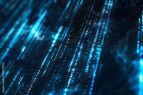 Abstract digital background with blue binary code and light streaks on black background, symbolizing technology and data transfer in cyberspace. This represents the flow of data in computer networks.