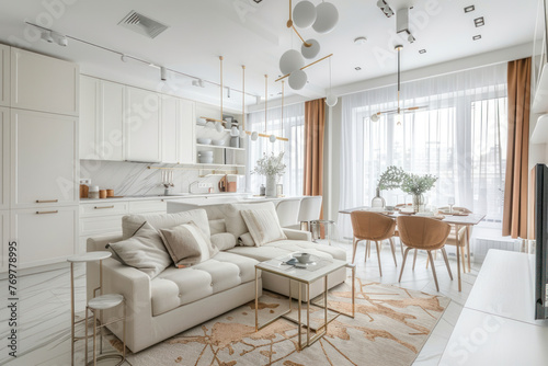 Bright studio apartment in Scandinavian style and warm pastel white and beige colors. © Hunman