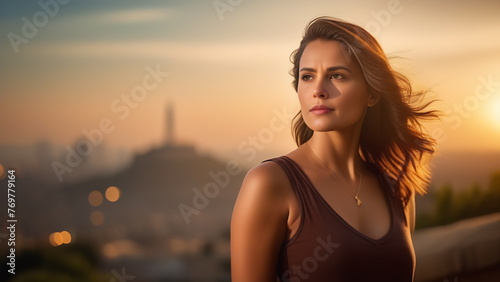 A girl in a T-shirt looks anxiously to the left in the evening